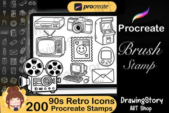 Download 90s Retro Everyday Icons Procreate Stamp - Retro Collection