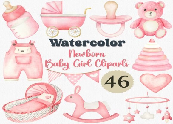 Download Watercolor Newborn Baby Girl Clipart Set - Premium Bundle